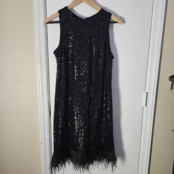 NwT Taylor Sleeveless Black Feather Sequin Mini Dress Size 10 Showgirl Flapper - Picture 1 of 8